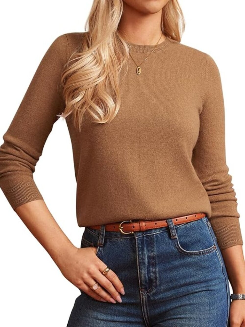 NWT GRACE KARIN Wool Cashmere Blend Crewneck Sweater Brown Medium